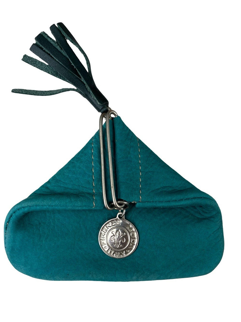VTG Firenze Italian Genuine Leather Teal  Triangle Coin Fleur de Lis Purse